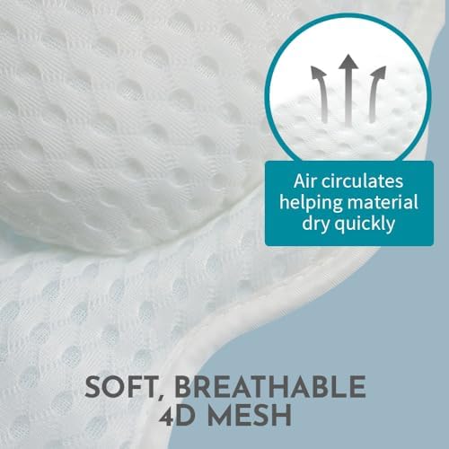 WONDERfoam Thick Padded Ergonomic Bath Pillow for Tub, Bathtub Headrest Neck and Back Support, Strong Suction Cups, Machine Washable Breathable Mesh Quick Dry Pillows, Luxury Spa Accessories, White