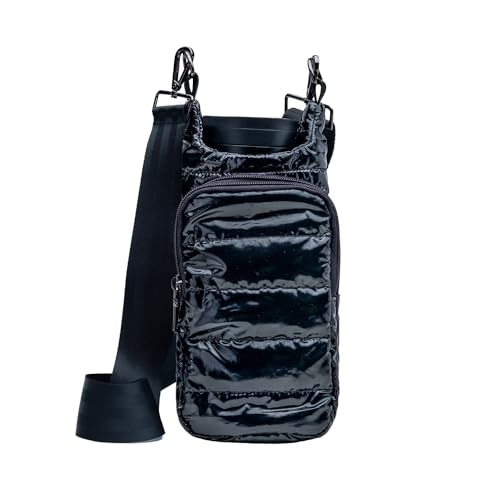 WanderFull Original Crossbody HydroBag | Quilted Water Bottle Carrier | Puffer Tote Tumbler Holder with Pockets for Purse, Phone & Accessories | Carry Travel Essentials (Black Glossy/Black Strap)