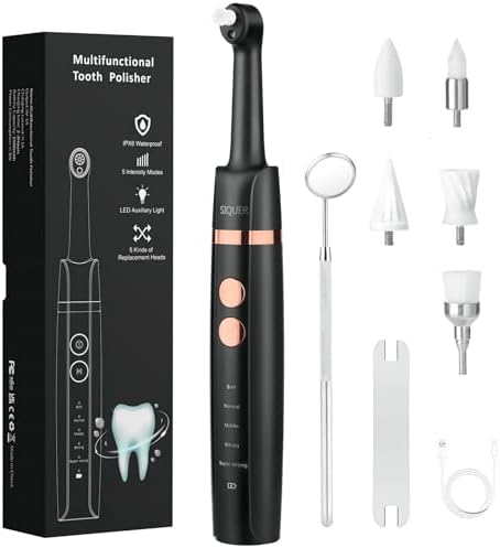 Tooth Polisher - SIQUER Plaque Remover for Teeth Whitening Dental Tools Electric Tartar Polishing Teeth Cleaning Kit with LED Light 5 Speed Modes with 5 Replacement Brush Heads (Black)