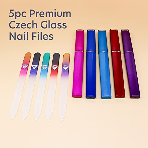 Bona Fide Beauty Czech Glass Nail File for Natural Nails Set, 5-Pack Etched Files with Hardcases (180/240 grit). Genuine Bohemian Glass from The EU.