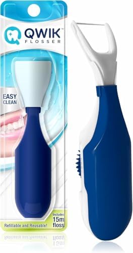QWIK Automatic Dental Flosser | Click-to-Use, Reusable & Refillable | Pre-Loaded Floss with Travel Cover | Easy Flossing for Plaque Removal, Clean Teeth & Fresh Breath (Dark Blue)