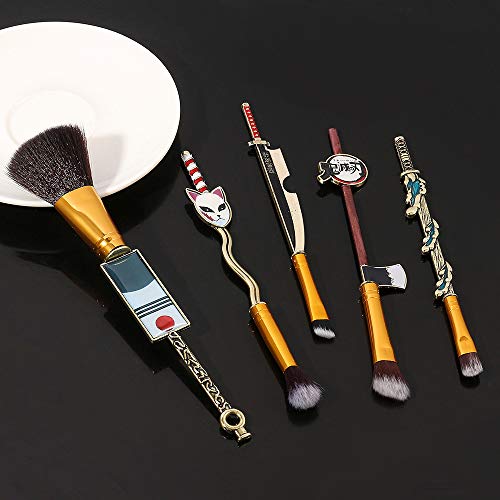 Demon Anime Makeup Brushes Set - 5pcs Kimetsu Yaiaba Peripheral Makeup Brushes Nezuko Tanjirou Metal Handle Makeup Tools Gift for Fans