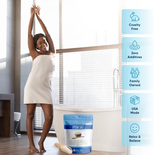 Epsom Salt 5 Lbs Bulk Bag USP Grade Multipurpose Unscented in BPA Free Pouch with Easy Press Lock Seal Plus Bamboo Scoop