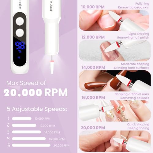 Cordless Electric Nail Drill Professional 3 Speeds Nail Drill Kit for Acrylic Gel Dip, USB Portable Rechargeable 20000 RPM Efile Manicure Pedicure Polishing Shape Tools(Pink)