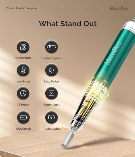 MelodySusie 35000RPM MM400C Nail Drill Professional, Rechargeable Cordless Nail File Portable Efile for Acrylic Gel Nails Remove, 8Pcs Nail Drill Bits, Low Noise Low Heat, Sparkle Plus, Green