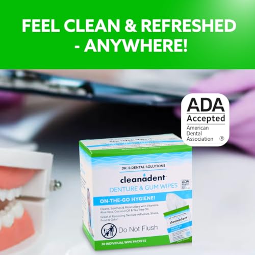 Dr. B Dental Solutions Cleanadent Wipes - Convenient Denture Cleaning Wipes, Refreshes Gums, No Artificial Colors/Flavors - 30 Pack