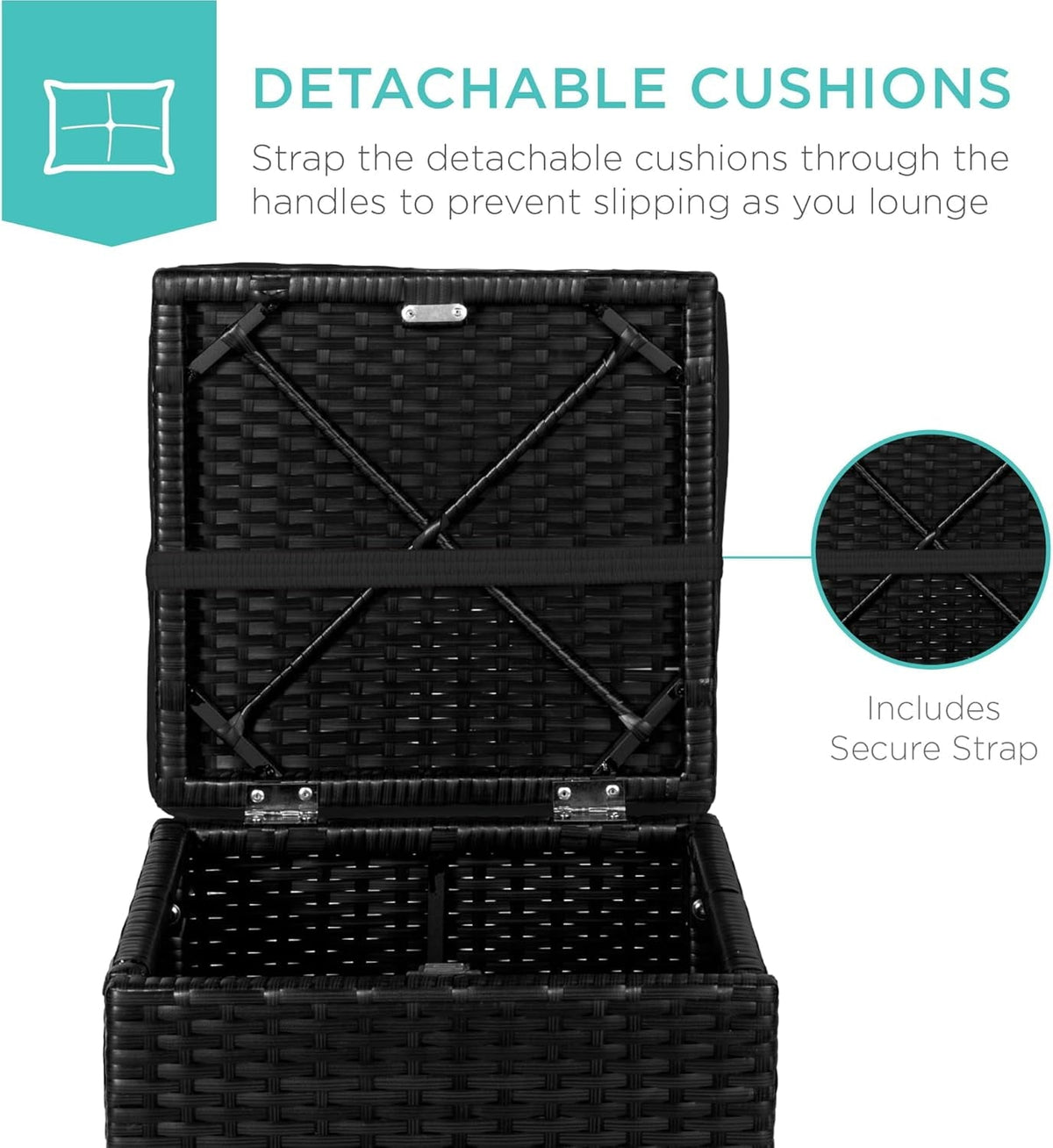 SUPQ Set of 2 Wicker Ottomans, Multipurpose Outdoor Furniture for Patio, Backyard, Additional Seating, Footrest, Side Table w/Storage, Removable Cushions - Black/Black