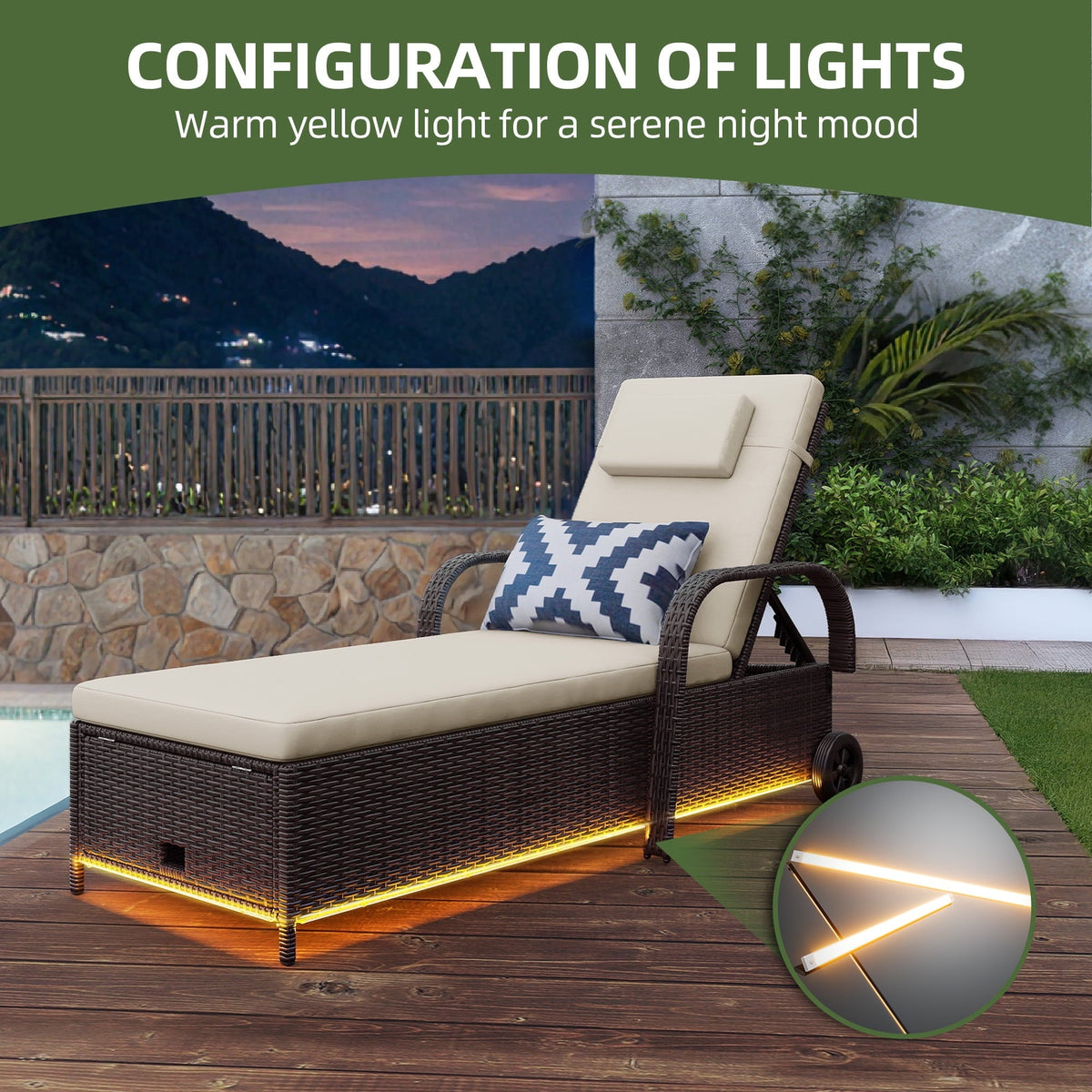 Uforic LED Outdoor Lounge Chair with 5-Level Recline, Wheels, Storage, Patio Wicker Chaise, Brown/Beige