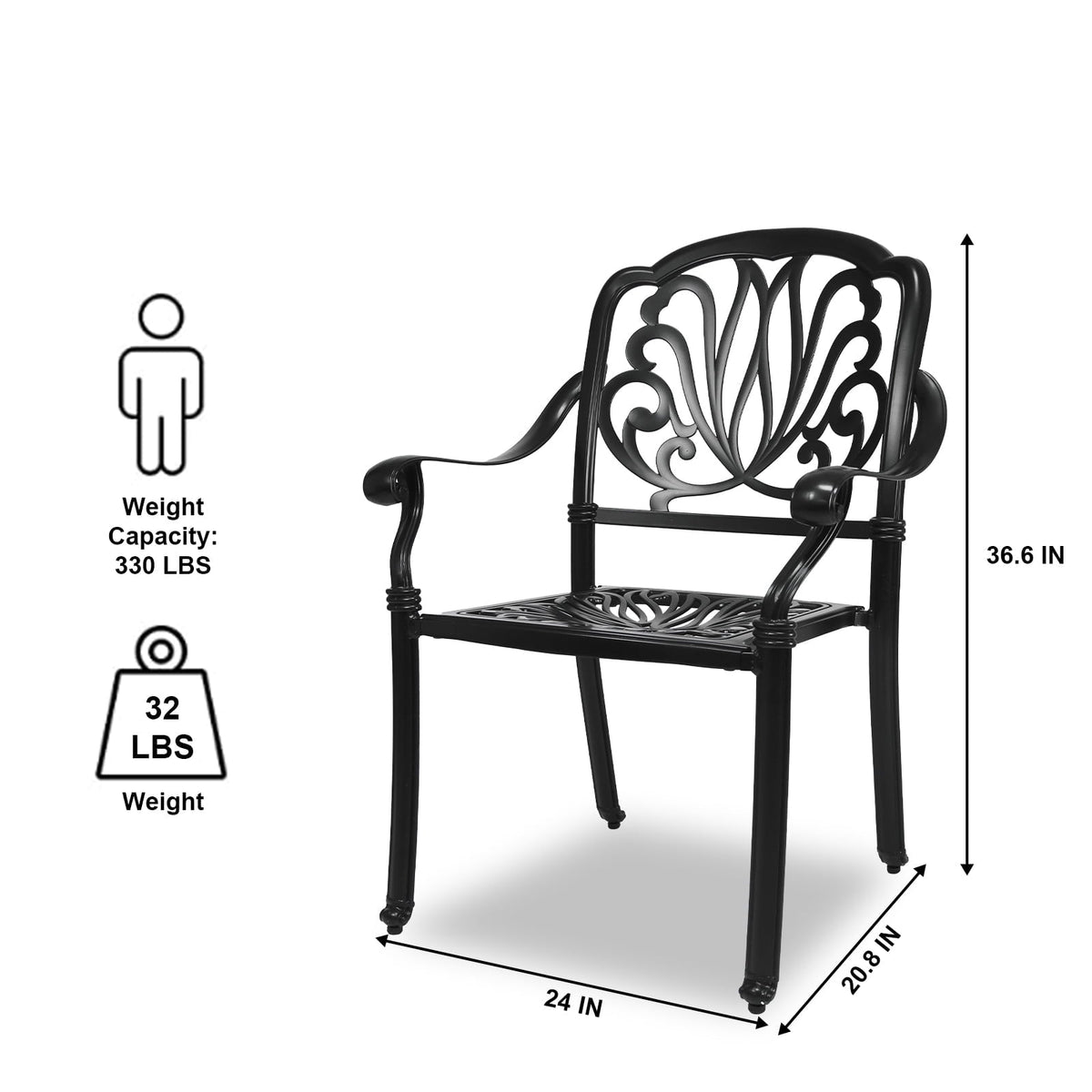 PATIO-IN Outdoor Dining Chairs Set of 4 Aluminum Patio Chairs,Stackable Cast Aluminum Patio Patio Dining Chairs for Garden, Backyard, Poolside,Balcony, Black (4 Pack)
