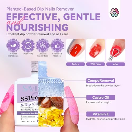 SAVILAND Dip Powder Remover 2 Pcs: Professional Dip Nail Remover Kit Gentle & Safe Remove Dip Nails With Cuticle Oil Nail File Tools No Need Soaking Or Wrapping 0.5 Floz Home Use