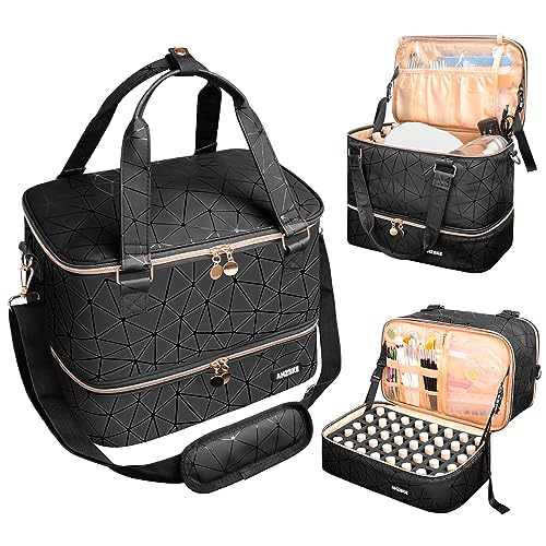 Nail Polish Organizer Bag Holds Nail Lamp& 50 Bottles (15ml/0.5fl.oz), PU Leather Nail Supplies Organizer Case with Shoulder& Holder Strap, Travel Nail Kit Storage for Manicure Tools (Black)