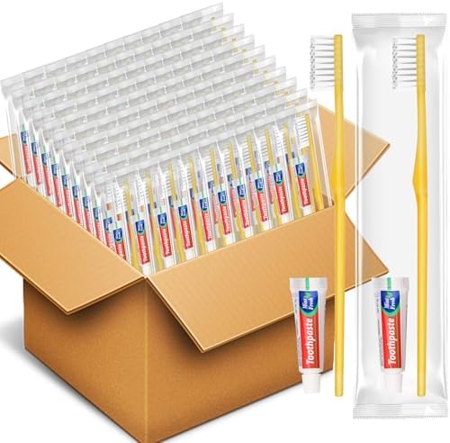 HOFASON Disposable Toothbrushes with Toothpaste Pack of 200, Yellow Hollow Travel Toothbrush Set with 5g Toothpaste Individually Wrapped Toothpaste Bulk for Homeless, Nursing Home, Shelter, Hotel
