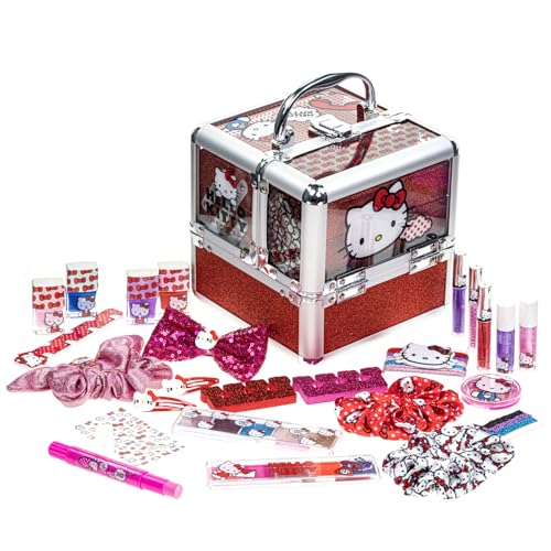 Hello Kitty - Townley Girl Train Case Cosmetic Makeup Set Includes Lip Gloss, Eye Shimmer, Nail Polish, Hair Accessories & More! For Girls, Ages 6+ Perfect for Parties & Makeovers