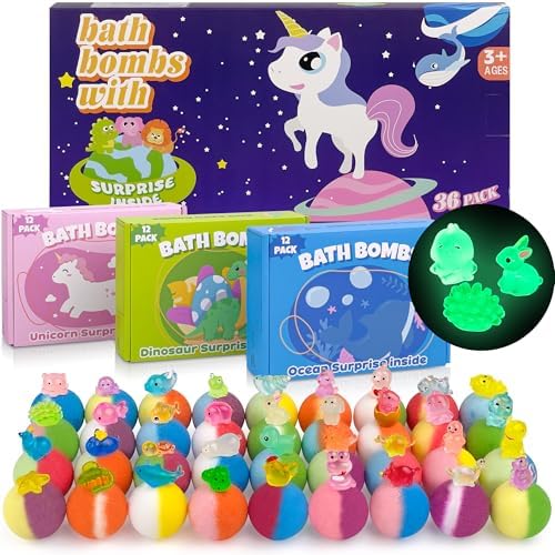 Bath Bombs for Kids with Toy Inside, 36 Pcs Bath Bombs with Glow in The Dark Dinosuar, Animal and Ocean Surprise Inside, Handmade Organic Bubble Bath Ball Gift Set for Birthday, Easter, Christmas