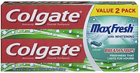 Colgate Max Fresh Whitening Toothpaste with Mini Breath Strips, Clean Mint - 6 ounce (2 Pack)