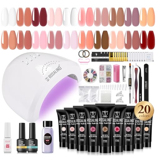 ROSALIND Poly Nail Gel Kit -20 Colors + 72Nail Art Accessories Kit, Nude Clear Poly Nail Gel Nail Kit Starter Kit with Big U V Lamp Slip Solution for Pink Nail Extensions Gel Dual Forms Nail Brush