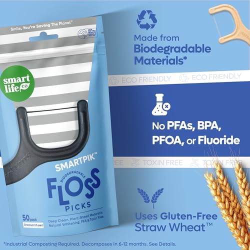 SmartLifeco Biodegradable* Dental Floss Picks - Charcoal Thread Flossers for Adults, All Natural Teeth Whitening, Eco Friendly Straw Wheat Handle, Toothpick Stick Soft on Gums, Zero Waste Vegan, 200x