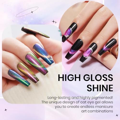 12 Colors Cat Eye Gel Polish with Magnetic Stick, Chameleon Magnetic Gel Polish Kit Trible Colors Effect Galaxy Cateyes Nail Polish Gel Collection Home DIY Manicure for Women Girl