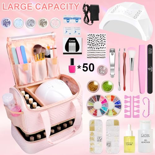 Nail Polish Organizer Bag Holds 50 Bottles (15ml/0.5fl.oz)& Nail Lamp, Soft Velvet Nail Kit Storage Carrying Case with Shoulder Strap, Double Layer Nail Supplies Organizer Handbag Women (Pink)