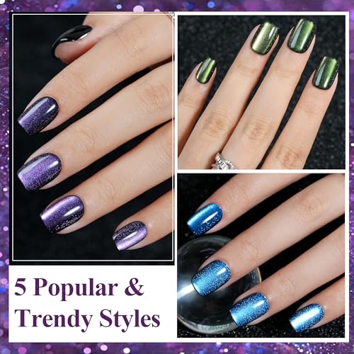 Cat Eye Press on Nails Short 5 Styles, Jofay Fashion 160Pcs Salon-Like Fake Nails with Glitter Chasing Light Cat Eye Designs, Valentines Artificial Acrylic Nails Glue on Nails Stick on Nails for Women