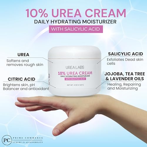 Urea Cream 10% Skin Care Moisturizer with Salicylic Acid, Aloe Vera Gel, Jojoba Oil. 150ml. Healing, Hydrating for Hand Face Foot and Body Use.