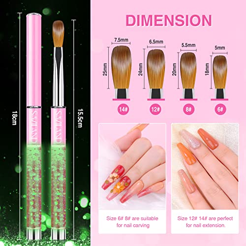 SAVILAND Kolinsky Acrylic Nail Brush Set: Size 6,8,12,14 Professional Glows in the Dark Manicure Brushes for Acrylic Powder Application 3D Nail Art Carving & Extension Tools Home DIY Nail Art Salon