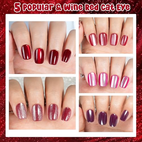 Cat Eye Press on Nails Red - 5 Styles Red Press on Nails Short Square, Soft Gel x Coat Nails False Nails, Bt Art Box Press On Nails in 16 Sizes -160 PCS Soft Gel Fake Nails Kit
