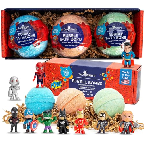 Superhero Bath Bombs for Kids with Surprise Toys Inside (3 Pack) - Large Bubble Bomb for Boys & Girls - Fizzies, Relaxing Aromas, Made in USA, Skin-Safe, Stain-Free by Two Sisters
