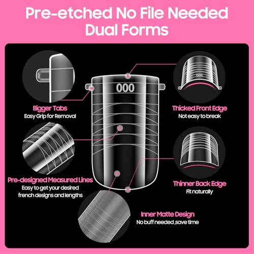Poly Gel Nail Kit For Toes and Fingers,GlimightyX Straight Flat Dual Forms Reusable for Polygel,Pre-etched No-file Needed, 16 Sizes,with 1.35oz Nail Slip Solution, Dual-Ended Brush,Nail File &5 Clips