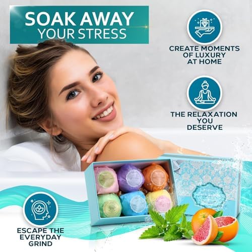 Bath Bombs Gift Set - 6 XXL Bubble Bath Fizzies (4.1 oz Each) with Natural Dead Sea Salt Cocoa and Shea Essential Oils - Best Gift Idea for Birthday, Mom, Woman, Girl, Him, Kids