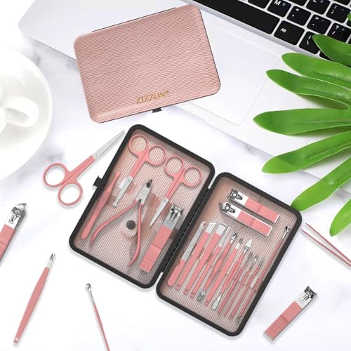 ZIZZON Manicure Set 18 in 1 Professional Pedicure Set Nail scissors Grooming Kit with Leather Travel Case Pink