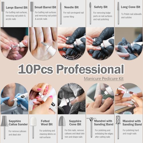 Cordless Electric Nail File Set, 10 Speeds Professional Manicure Pedicure Kit with LED Light, Portable Nail Drill for Natural & Acrylic Nails, Human & Pet Thick Toenails, w 120*Sanding Bands (Purple)