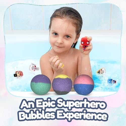 EvolutionUSA Black Epic Superhero Bath Bombs for Kids, 6 Super Hero Bath Bombs with Toy Inside, Lush Childrens Bathbombs, Organic Bathbomb with Surprise Inside, Fizzy Fun Superhero Bath Balls