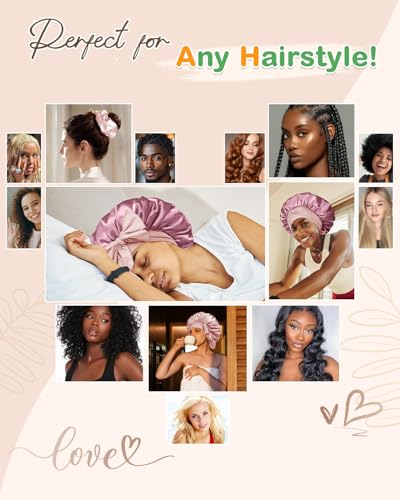 BONNET QUEEN Silk Bonnet for Sleeping Women HYALURONIC Acid Reversible Double Layer Satin Bonnet Night Sleep Cap Wrap for Curly Hair with Adjustable Tie Band & Scrunchie, Cream Pink & Rose Gold