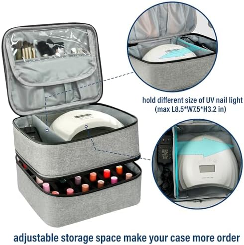 Nail Polish Organizer Bag, Double-Layer Nail Supplies Organizer Holds 30 Bottles & Nail Lamp, Professional Nail Kit Storage Carrying Case (Gray)