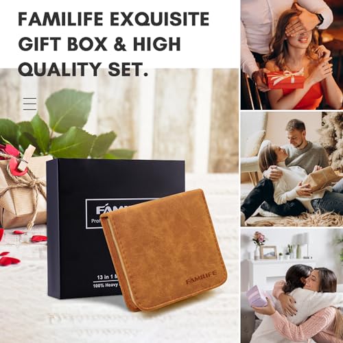 FAMILIFE Manicure Set, Nail Professional Kit Manicure Kits Nail Clipper Sets, 13PCS Stainless Steel Pedicure Sets Mens Grooming Tool, with Brown Leather Travel Case for Men