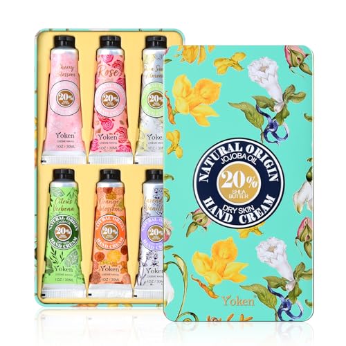 20% Shea Butter Hand Cream Gift Set, Instant Moisturizing Hand Cream for Women Dry Hands with Delicate Tin, Floral-Scented Hand Lotion 6 x 1 OZ