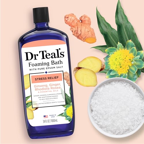 Dr Teal's Foaming Bath with Pure Epsom Salt, Stress Relief with Ginseng & Ginger, 34 fl oz (Pack of 4)