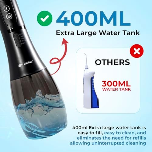 Water Flosser for Teeth & Tonsil Stone Remover, 400ml Tank, IPX8 Waterproof, Dental Floss with 6 Tips Including Tongue Scraper, Cordless Water Flossers for Teeth, Bad Breath Treatment for Adults