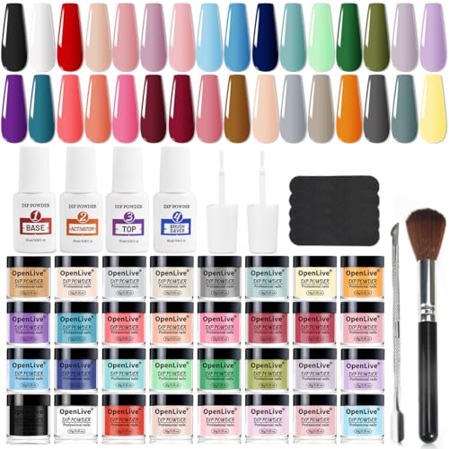 32 Color Dip Nail Powder Starter Kit 36 Bottle Blue Cheese Yellow Nail Dip Powder Kit with Base Top Coat Activator for French Nail Art Manicure DIY Salon