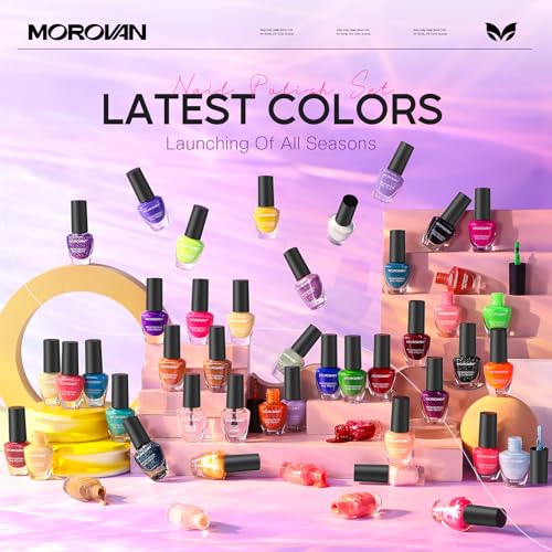 Morovan Nail Polish Set Fingernail: 48PC Air Quick Dry Nail Polish Kit with 2PC Base Top Coat Regular Nail Polish Pack Finger Nail Polish Bulk Gift for Women Girls