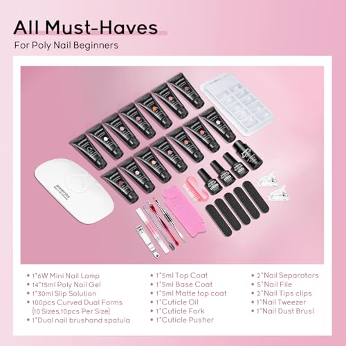 JEWHITENY Poly Extension Gel Nail Kit 14 PCS Poly Gel Kit with Slip Solution and Mini Lamp Nail Art Design Beginner