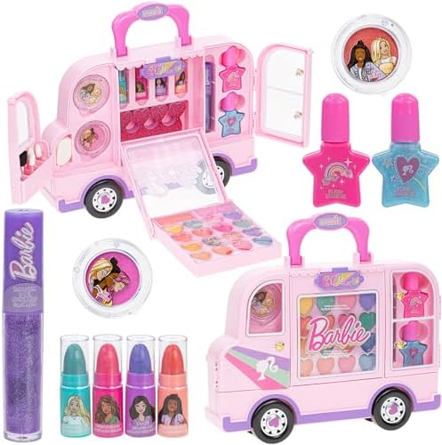 Barbie Car Makeup Kit for Girls, Real Washable Toy Makeup Set, Barbie Gift, Play Makeup and Pretend Play Toys, Perfect for Birthdays, Parties, Sleepovers & Makeovers, Ages 6 and up, by Townley Girl