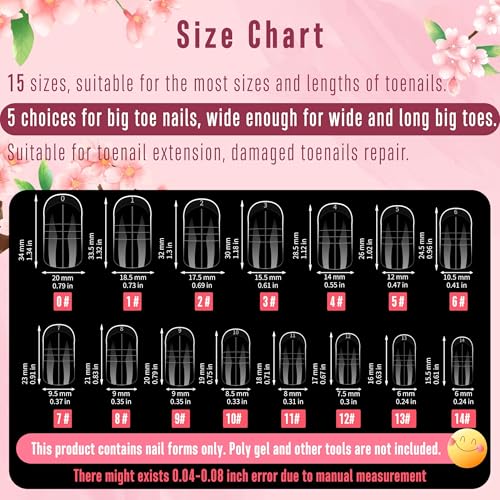 300 Pcs Toe Dual Nail Forms for Poly Gel Toenail Extension, Reusable Full Cover Molds for French Tip Acrylic Toenails, Nail Art Design Molds for Pedicure, for Salon & DIY at Home 15 sizes