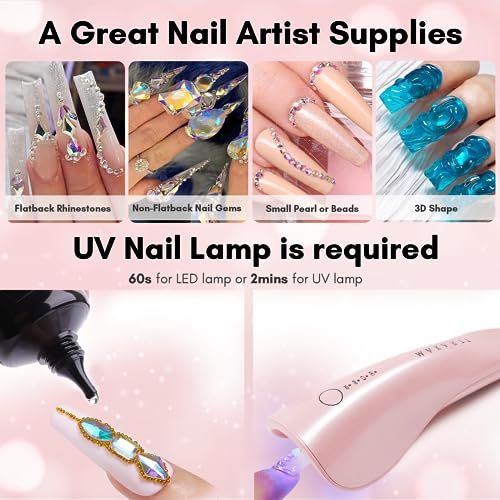 Makartt Nail Rhinestone Glue for Nails- 60ML Super Strong Gel Glue for Rhinestones, 3D Art Charm Decorations Bling Gem Bow Jewels Crystals Beads Diamonds Pearls, Beauty Gift, UV Lamp Need