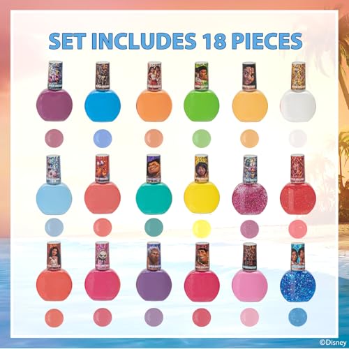 Townley Girl Moana 2 Non-Toxic Water-Based Peel Off Nail Polish Set with Glittery Shimmery Opaque Colors for Girls Kids Ages 3+ Perfect for Parties Spa Days Makeovers 18 Pcs