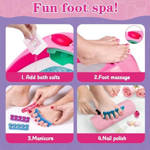 Kids Foot Spa & Nail Kit Set, Kids Spa Day Kit for Girls, Massage Foot Soak Tub and Nail Dryer, Manicure Pedicure Art Salon Girl Gift for 5-12, Christmas Birthday Gifts