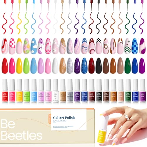 beetles Gel Polish Nail Art Gel Liner Nail Polish Set- 20 Colors Liner Gel Polish Pink Blue White Red Brown Glitter Gel Nail polish Soak Off UV Gel Built Thin Nail Brush in Bottle Gifts for Women