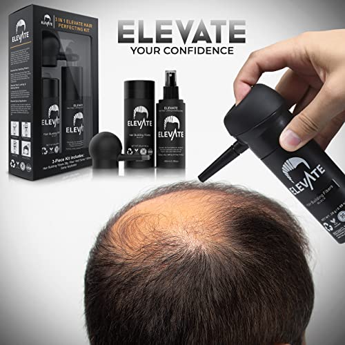 ELEVATE Hair Perfecting 3-in-1 Kit Set Includes Natural Hair Thickening Fibers & Spray Applicator Pump Nozzle & Locking Setting Hold Spray | Instantly Conceal Balding and Thinning Areas (Black)