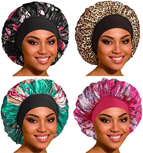 Satin Bonnet Hair Bonnet for Sleeping- 4 Pack Large Silk Bonnets for Women with Elastic Soft Band for Hair Care Braids